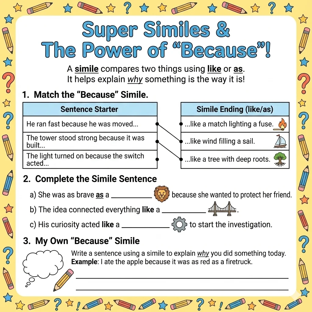 Worksheet on Similes for Grade 3